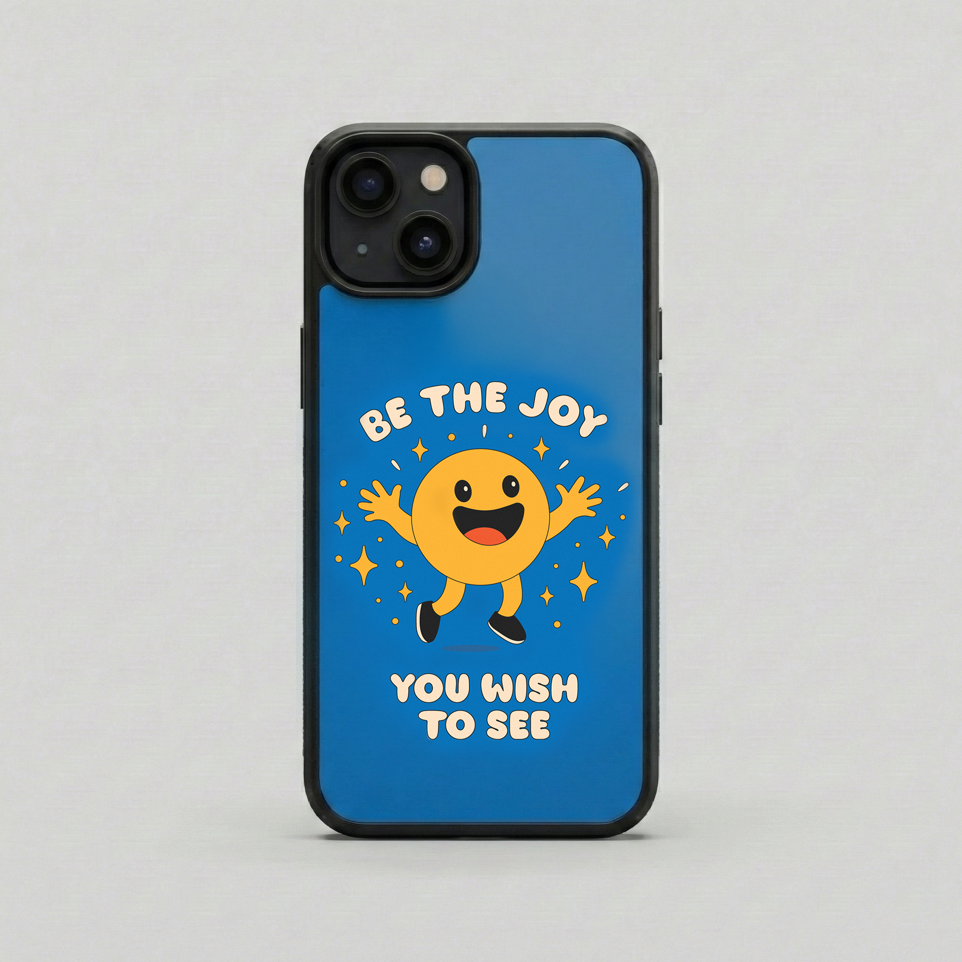Be The Joy You Wish To See blue glass iPhone case by Spiritual Kalakaar with cute joyful character artwork and glossy back