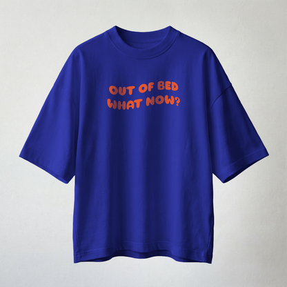 Blue oversized t-shirt with “out of bed what now?” text minimal aesthetic