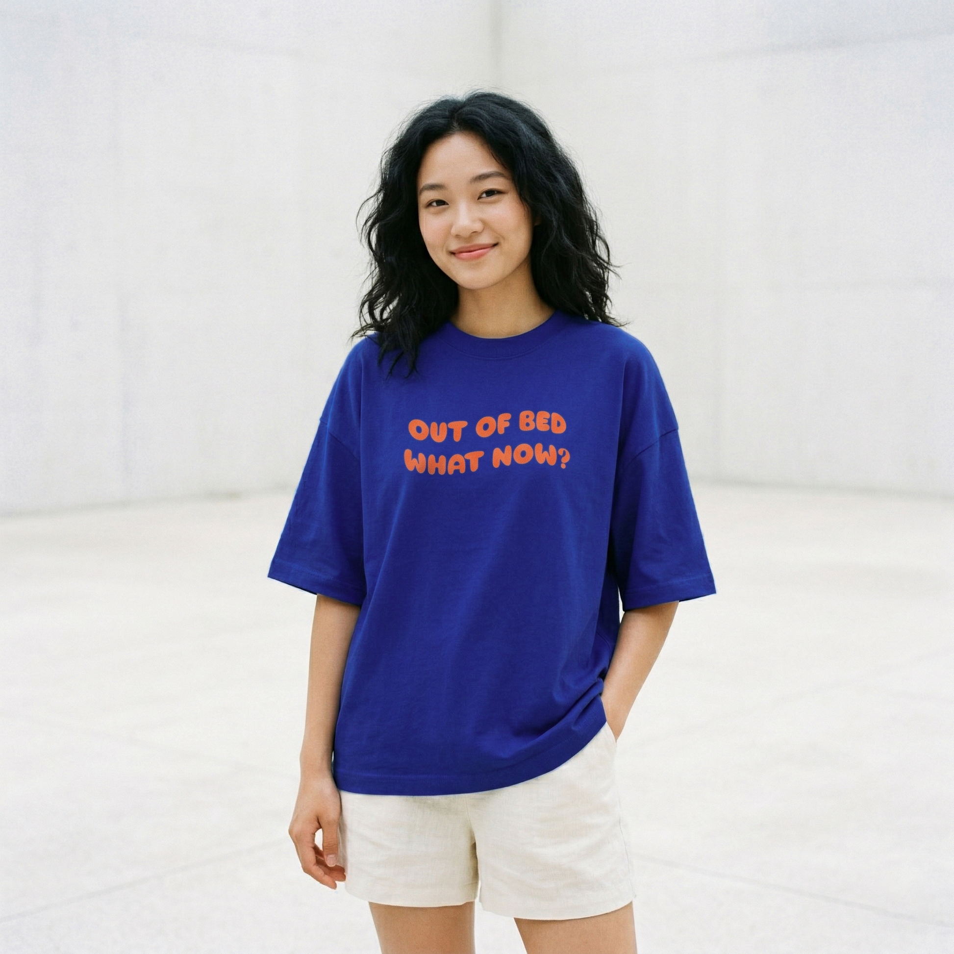 Woman wearing blue oversized t-shirt relaxed casual everyday look