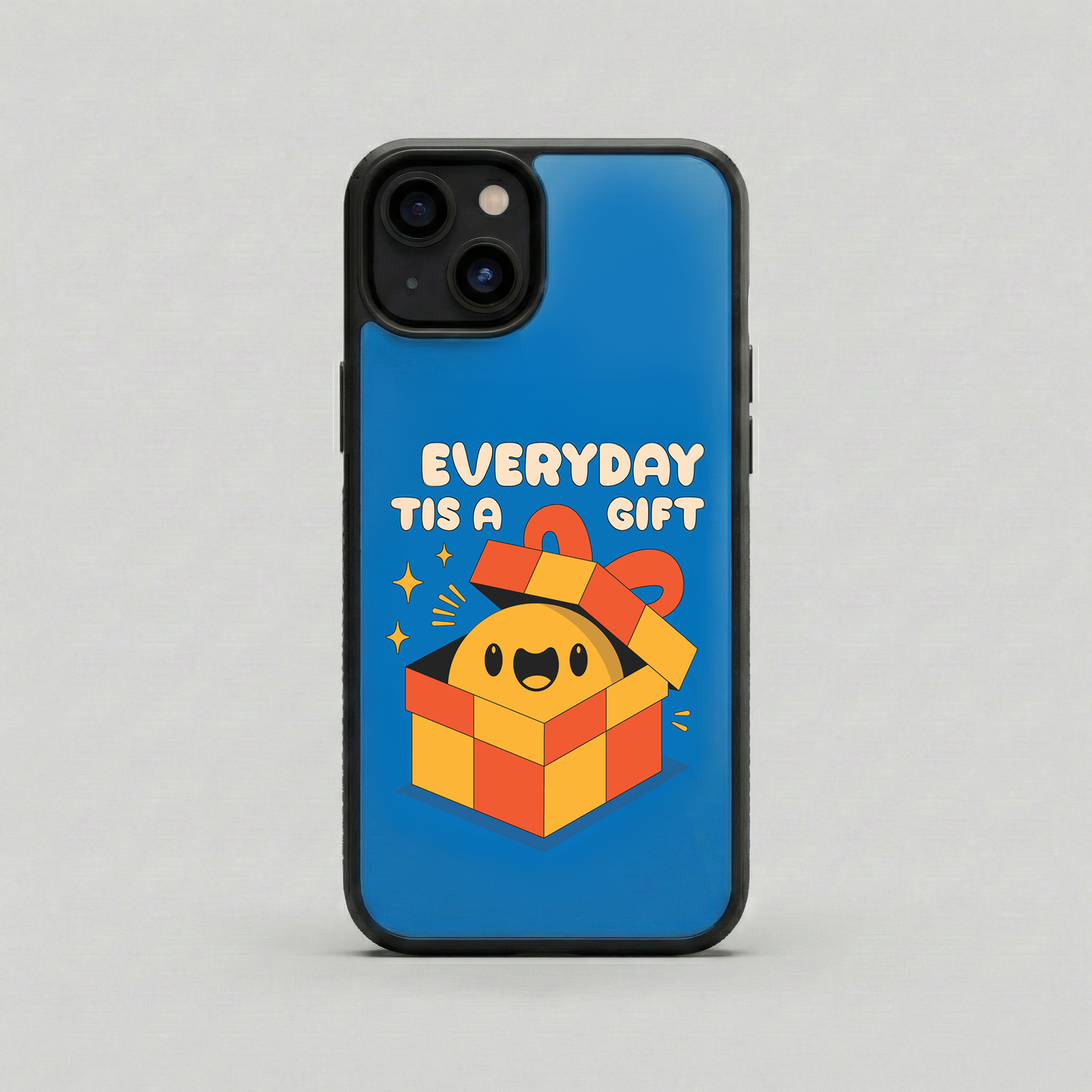 Everyday Is A Gift blue glass iPhone case by Spiritual Kalakaar with smiling gift illustration