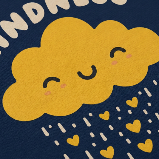 Close-up of smiling cloud and heart rain print on navy oversized t-shirt