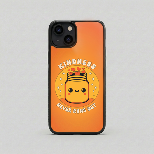Kindness Never Runs Out orange glass iPhone case by Spiritual Kalakaar with cute jar and hearts artwork