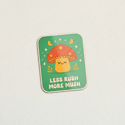 Less Rush More Mush cute mushroom illustration calming aesthetic sticker