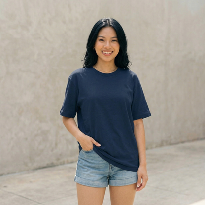 Woman wearing navy blue oversized t-shirt front view relaxed fit casual minimal style
