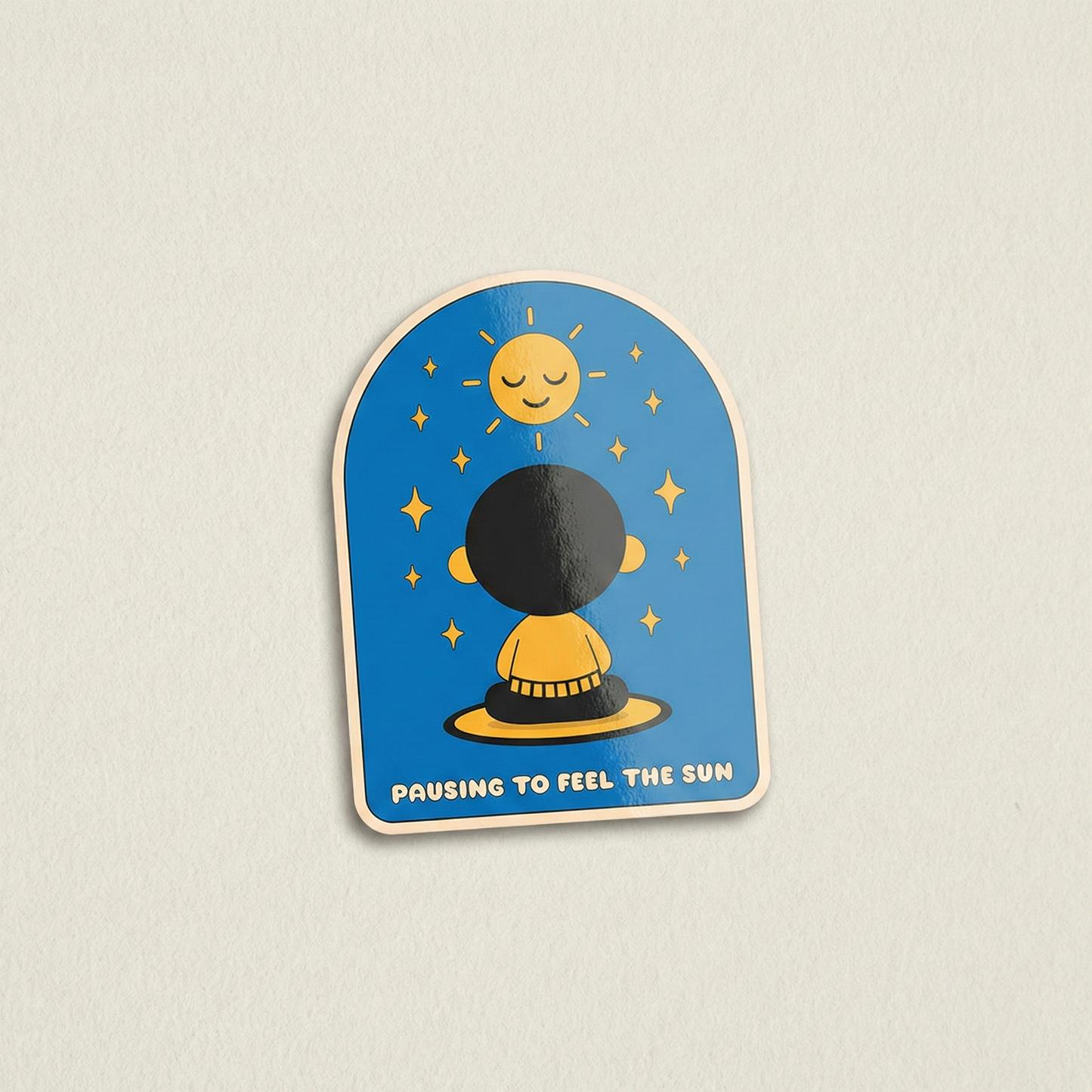 Pausing to Feel the Sun cute mindfulness sticker with meditating character under sun