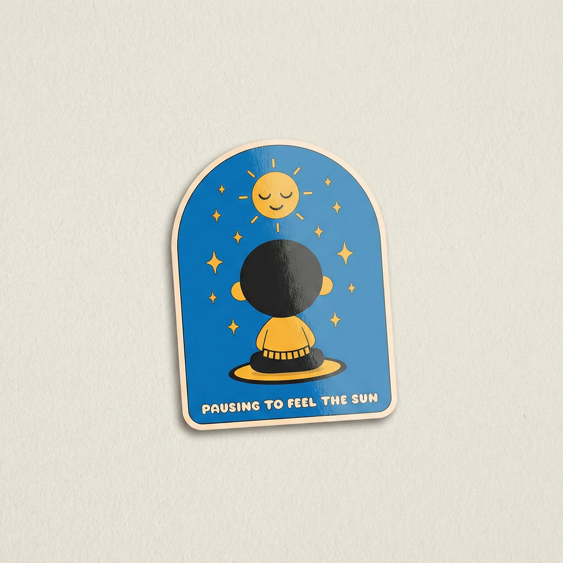 Pausing to Feel the Sun cute mindfulness sticker with meditating character under sun