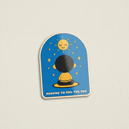 Pausing to Feel the Sun cute mindfulness sticker with meditating character under sun