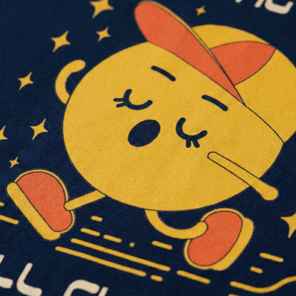 Close-up of glowing running character print on navy oversized t-shirt