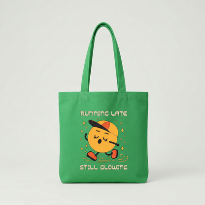 Green canvas tote bag with “Running Late Still Glowing” cute cartoon illustration, aesthetic everyday shoulder bag