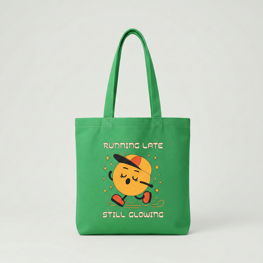 Green canvas tote bag with “Running Late Still Glowing” cute cartoon illustration, aesthetic everyday shoulder bag