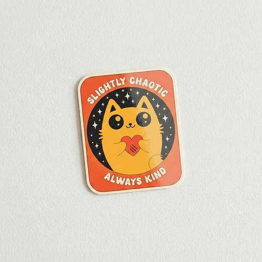 Slightly Chaotic Always Kind cute cat holding heart self love vinyl sticker illustration