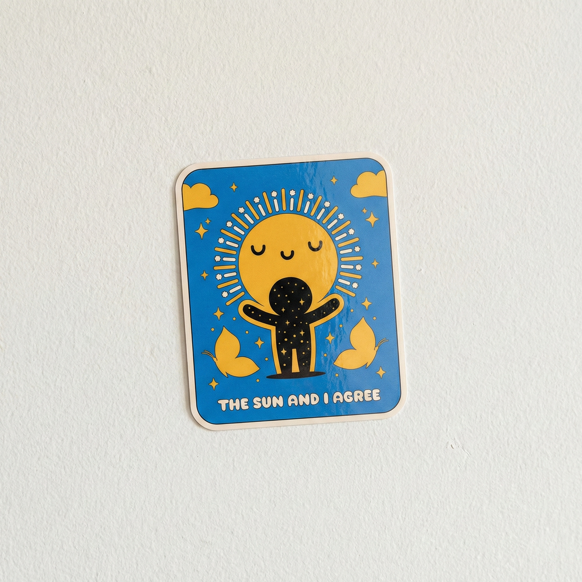 The Sun and I Agree cute mindfulness sticker with glowing sun and peaceful character illustration